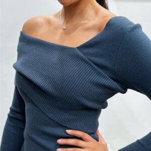 Elegant Off-Shoulder Blue Sweater